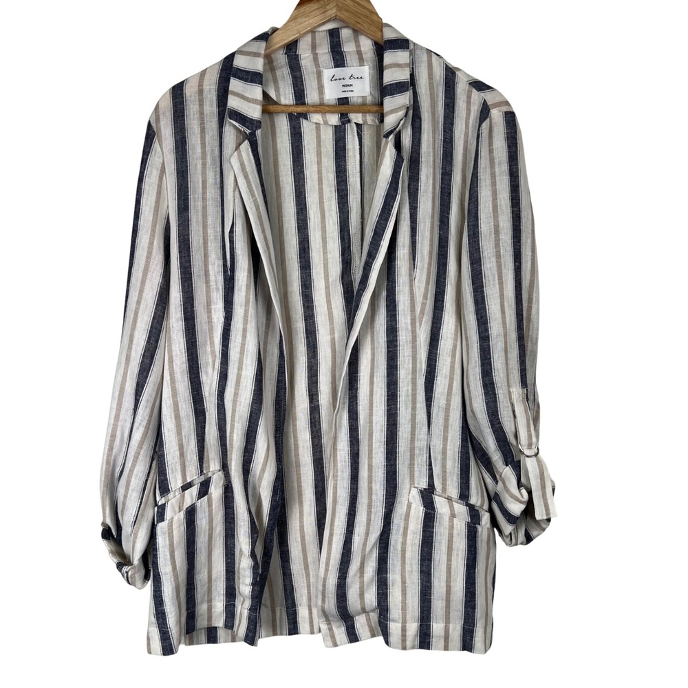 Love Tree Womens Linen Blend Striped Open Front Blazer Navy Tan White‎ Medium